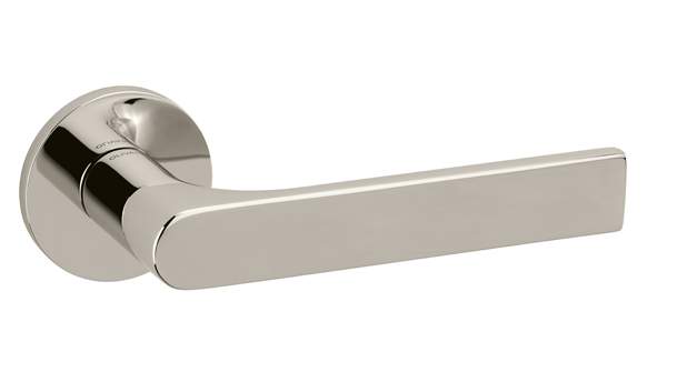 Polished metal door handle on a white background