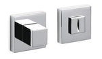 Two chrome square door handles on a white background