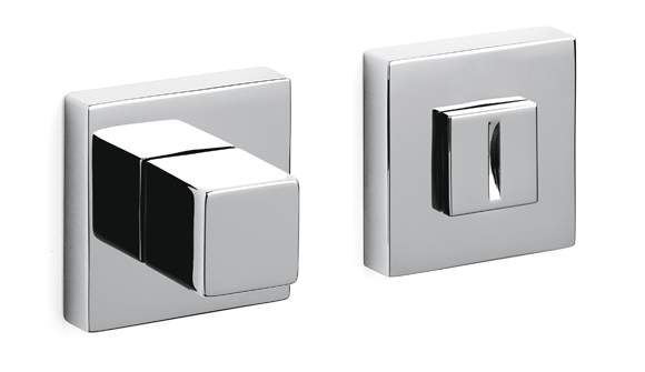 Two chrome square door handles on a white background
