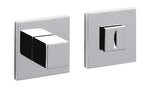 Two chrome square door handles on a white background