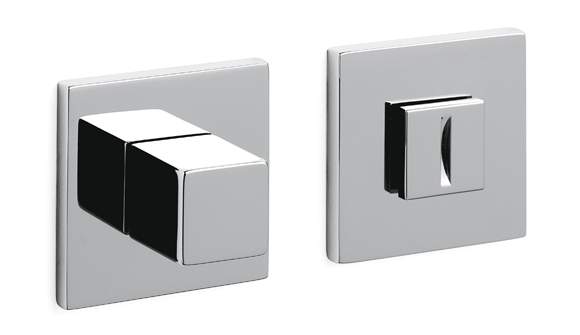 Two chrome square door handles on a white background