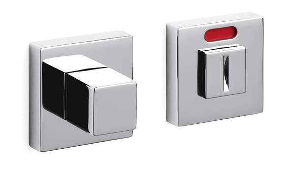 Two metallic square components with a red indicator on a white background
