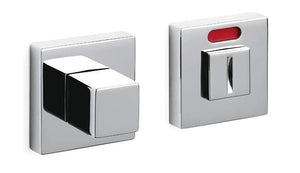 Two metallic square components with a red indicator on a white background