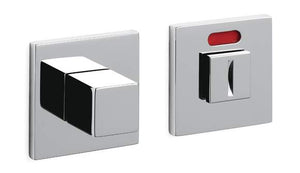 Two metallic square components with a red indicator on a white background