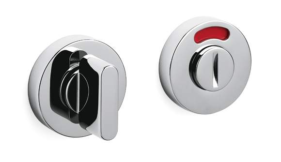 Chrome bathroom fixtures with a red indicator light on a white background