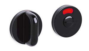 Two black door handles with a red indicator on a white background