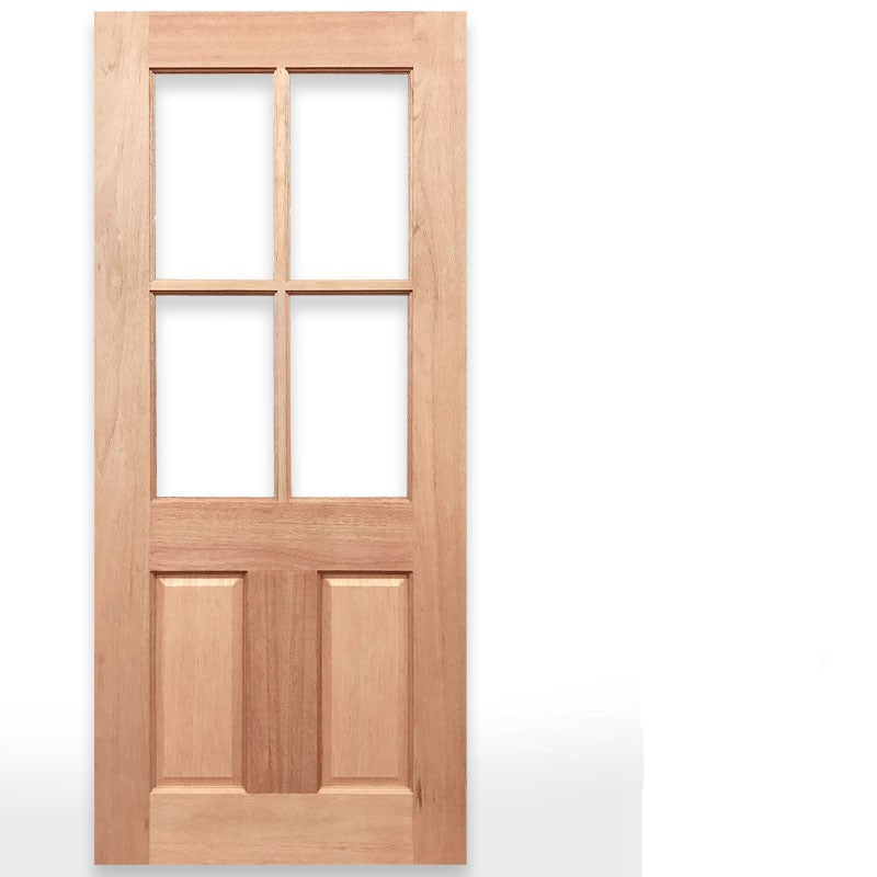 A light natural wood half French door with four glass panes in the upper section and two rectangular panels in the lower section, shown on a white background with the text 'Half French 4L2P Door' and the Crown Doors logo.