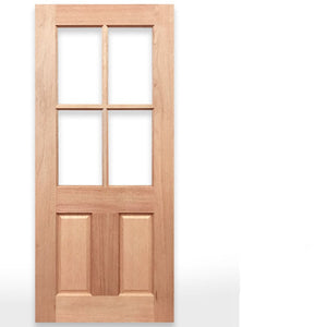 A light natural wood half French door with four glass panes in the upper section and two rectangular panels in the lower section, shown on a white background with the text 'Half French 4L2P Door' and the Crown Doors logo.