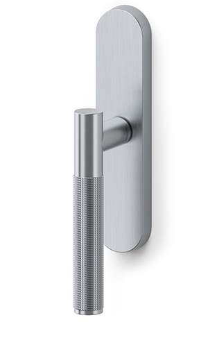 Modern door handle with metallic finish on a white background