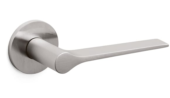 Stainless steel door handle on a white background