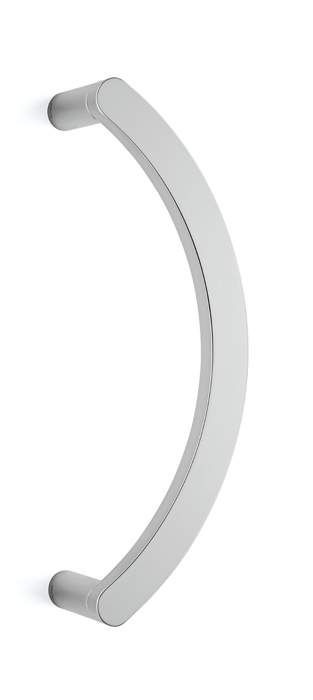 Curved metallic handle on a white background