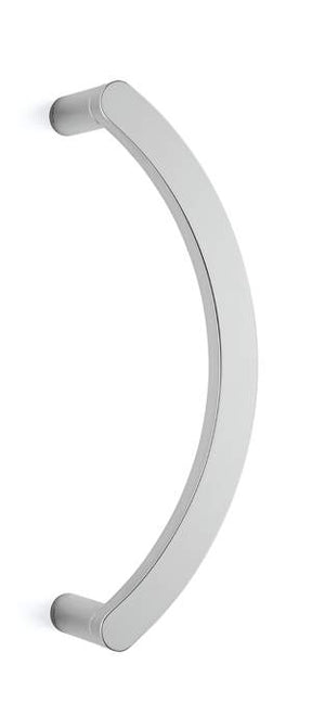 Curved metallic handle on a white background