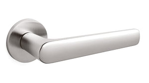 Metallic door handle on a white background