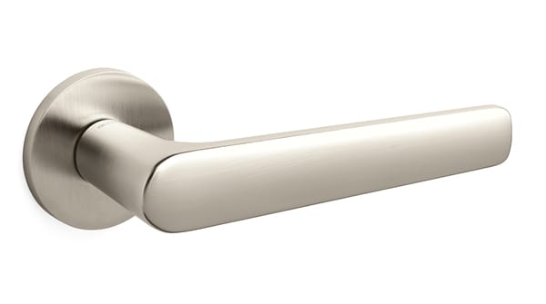 Metallic door handle on a white background
