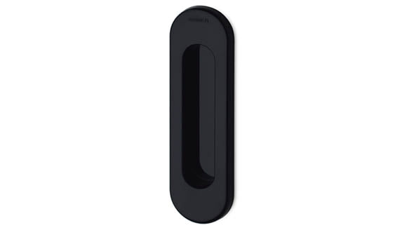 Black oval door handle on a white background