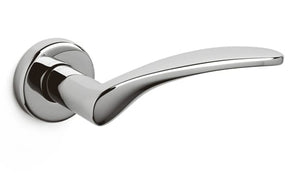 Polished chrome door handle on a white background