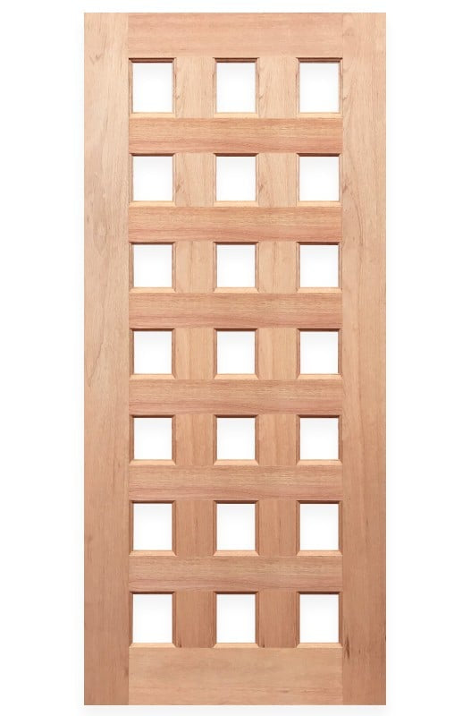 Wooden door with grid design labeled 'Regal 21G' by Crown Doors on a white background