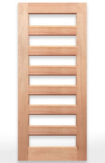 Wooden door with horizontal slats labeled 'Regal 7G Door' by Crown Doors on a white background.