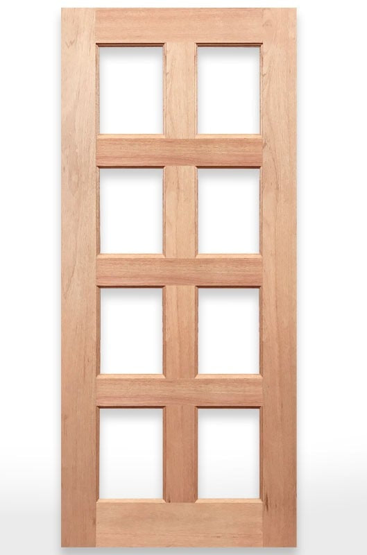 Wooden door with glass panels labeled 'Regal 8G Door' by Crown Doors on a white background