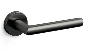 Black and silver door handle on a white background
